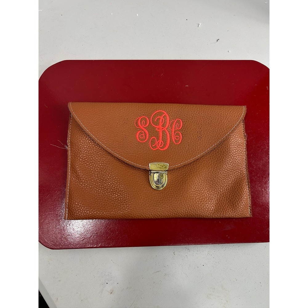 Brown Faux Leather Clutch Purse Womens Gold Chain Monogram SBC Snap‎ Closure Bag